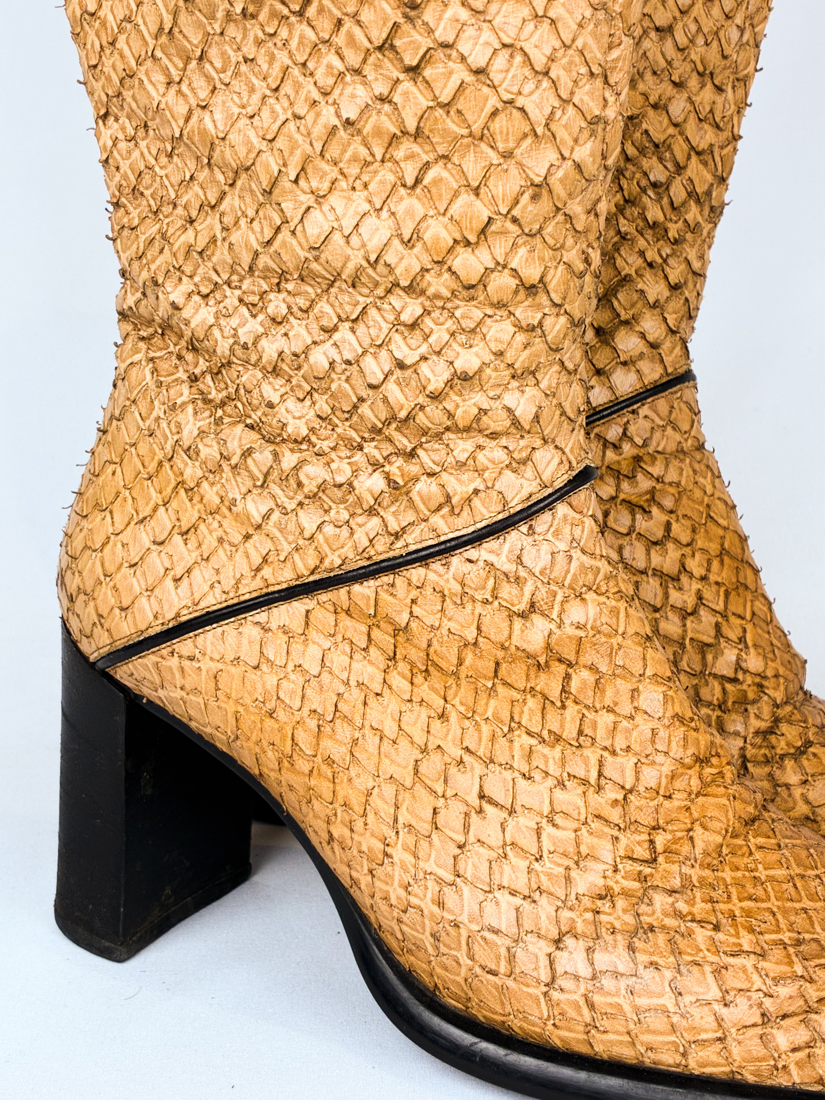 Krizia 2000s Tan Snakeskin Embossed Block Heel Knee High Boots - EU 37 / US 7