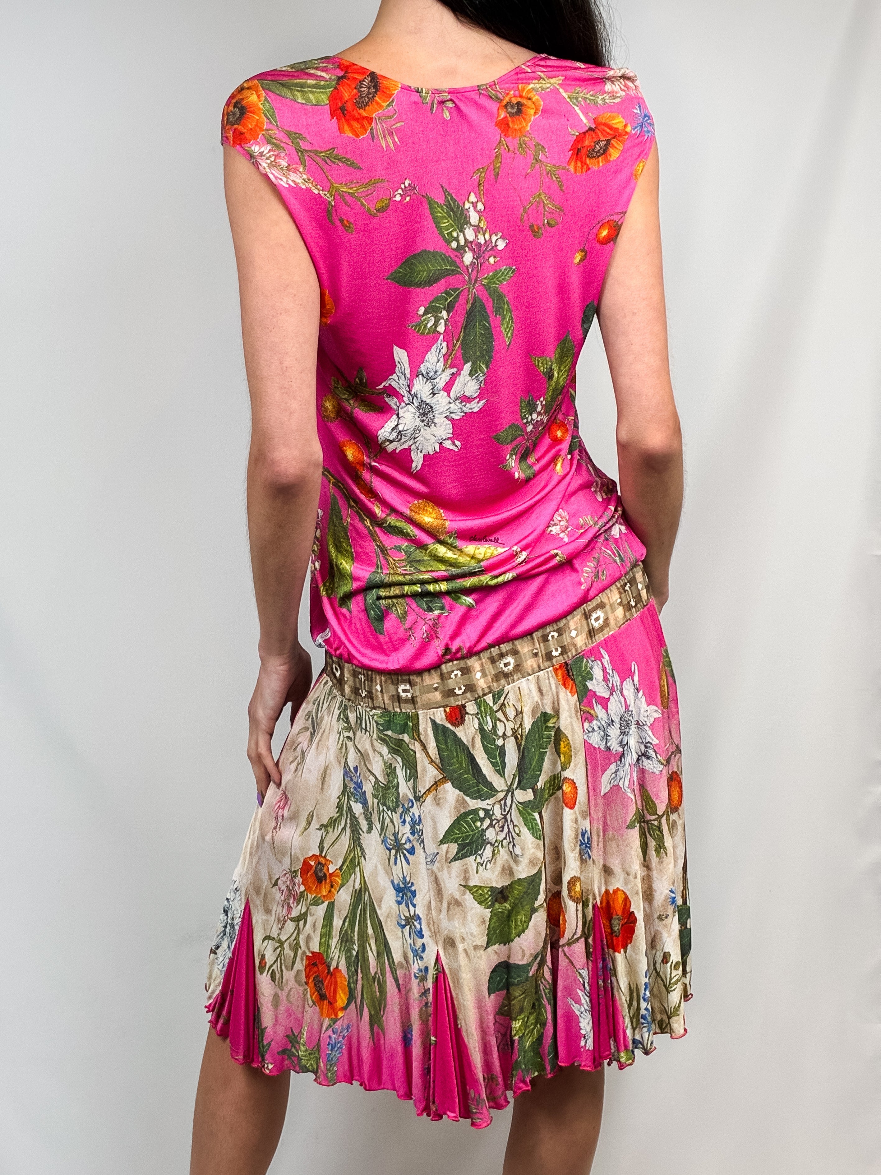 Class Roberto Cavalli 2000s Pink Floral Drop Waist Midi Dress