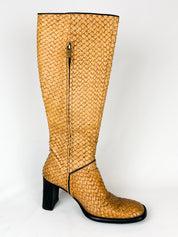 Krizia 2000s Tan Snakeskin Embossed Block Heel Knee High Boots - EU 37 / US 7