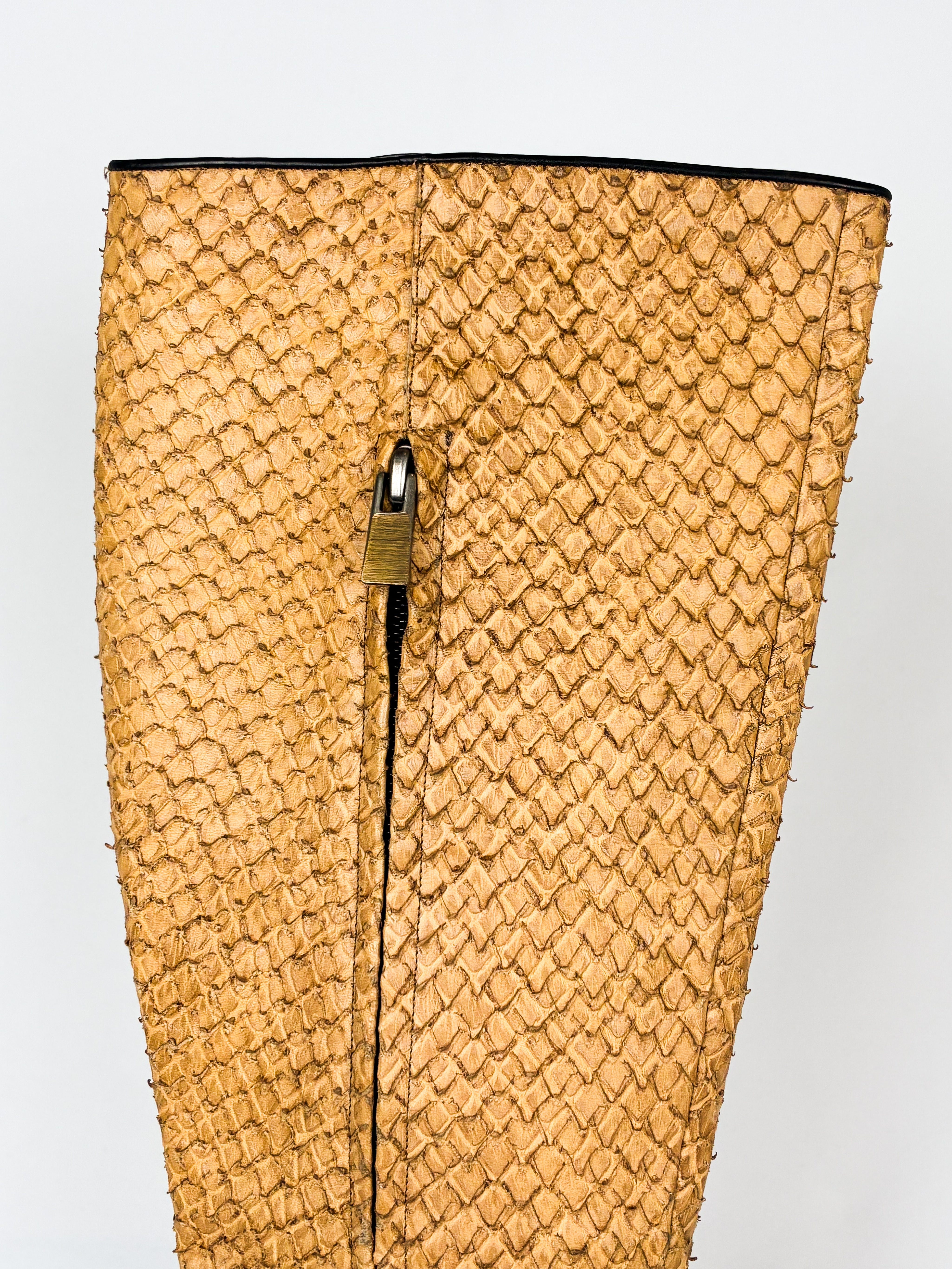 Krizia 2000s Tan Snakeskin Embossed Block Heel Knee High Boots - EU 37 / US 7