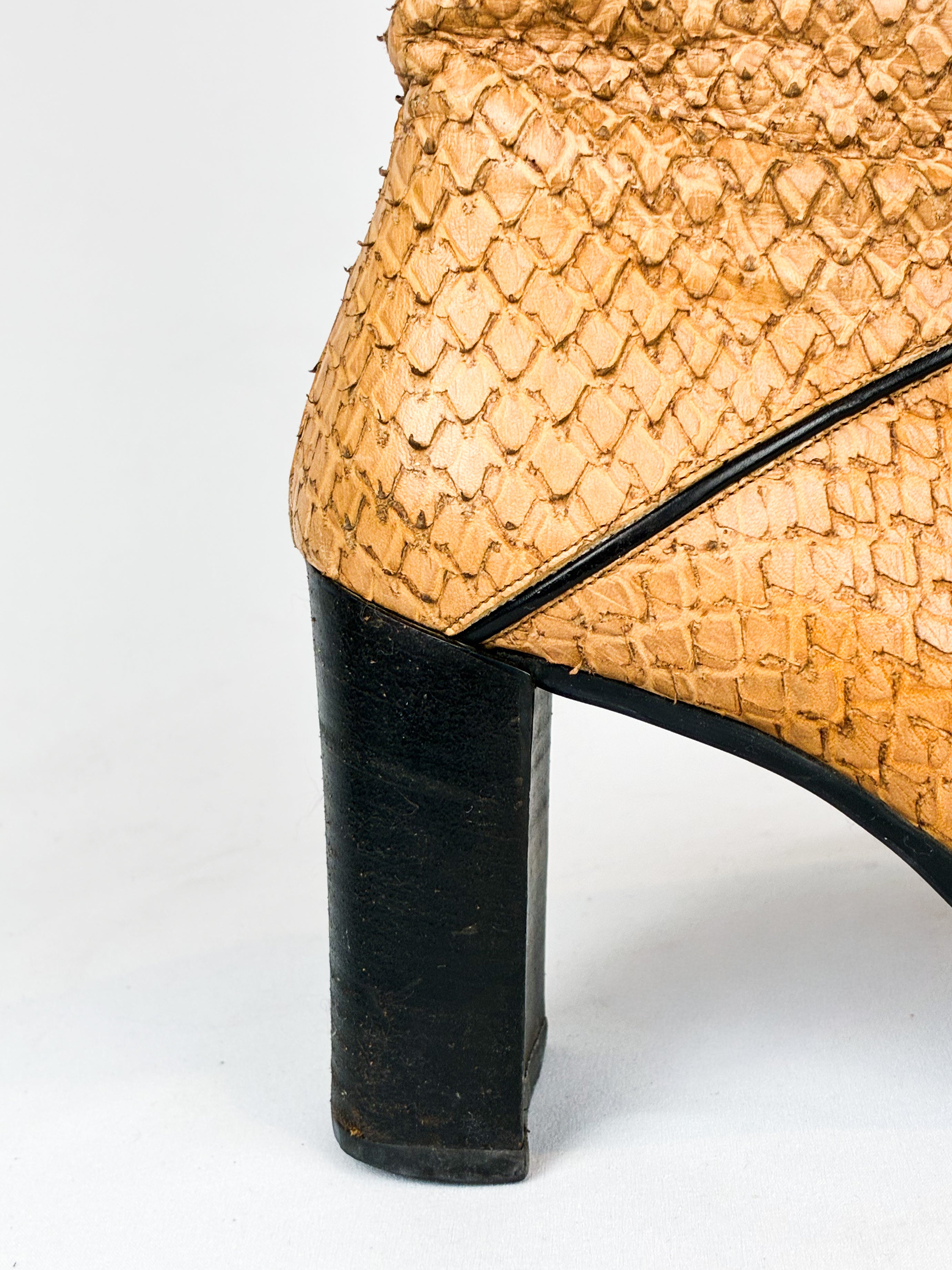 Krizia 2000s Tan Snakeskin Embossed Block Heel Knee High Boots - EU 37 / US 7