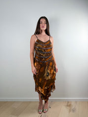 2000s Brown Silk Beaded & Sequin Midi Dress