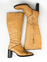 Krizia 2000s Tan Snakeskin Embossed Block Heel Knee High Boots - EU 37 / US 7