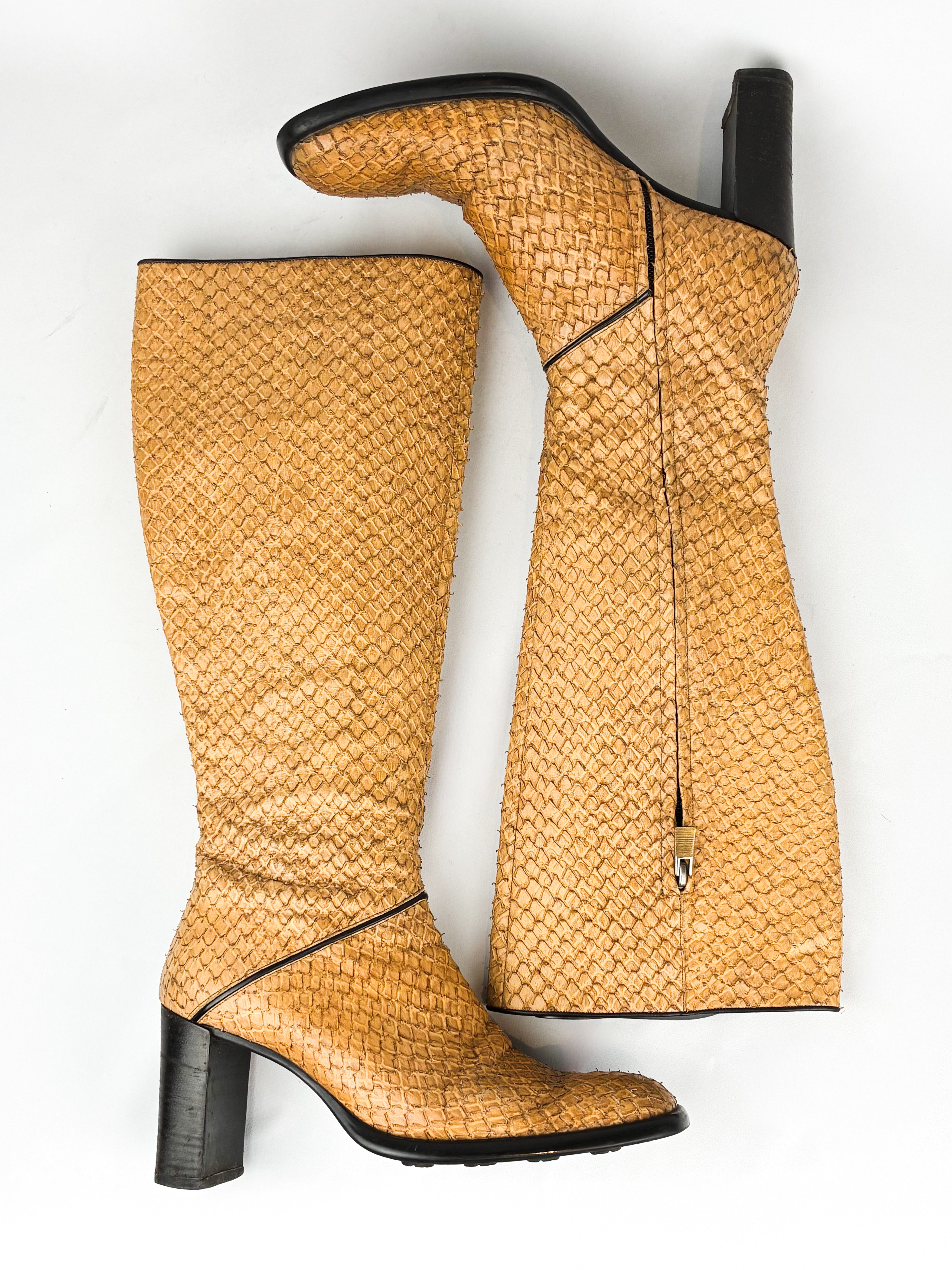 Krizia 2000s Tan Snakeskin Embossed Block Heel Knee High Boots - EU 37 / US 7