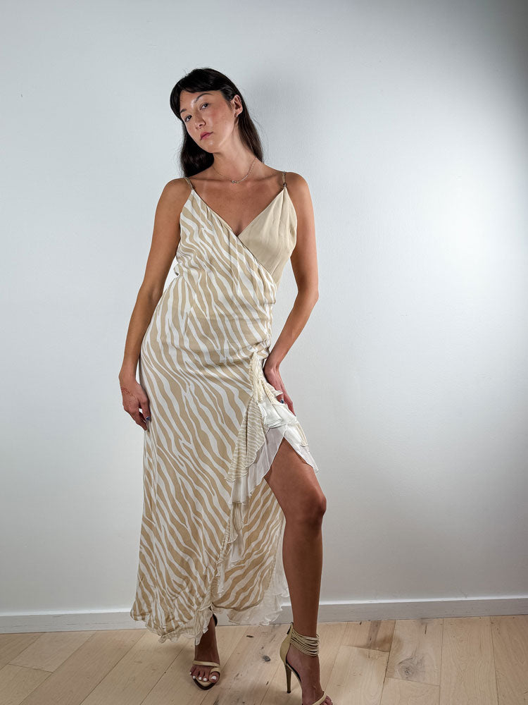 List Boutique Zebra Print Maxi Slip Dress with Ruffle Slit