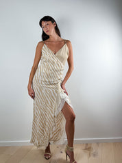 List Boutique Zebra Print Maxi Slip Dress with Ruffle Slit