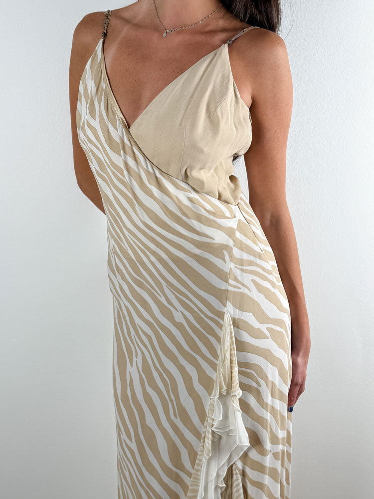 List Boutique Zebra Print Maxi Slip Dress with Ruffle Slit