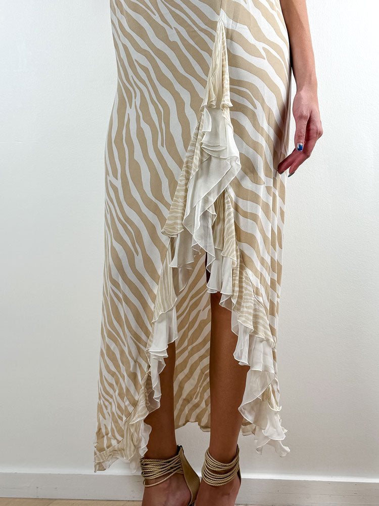 List Boutique Zebra Print Maxi Slip Dress with Ruffle Slit