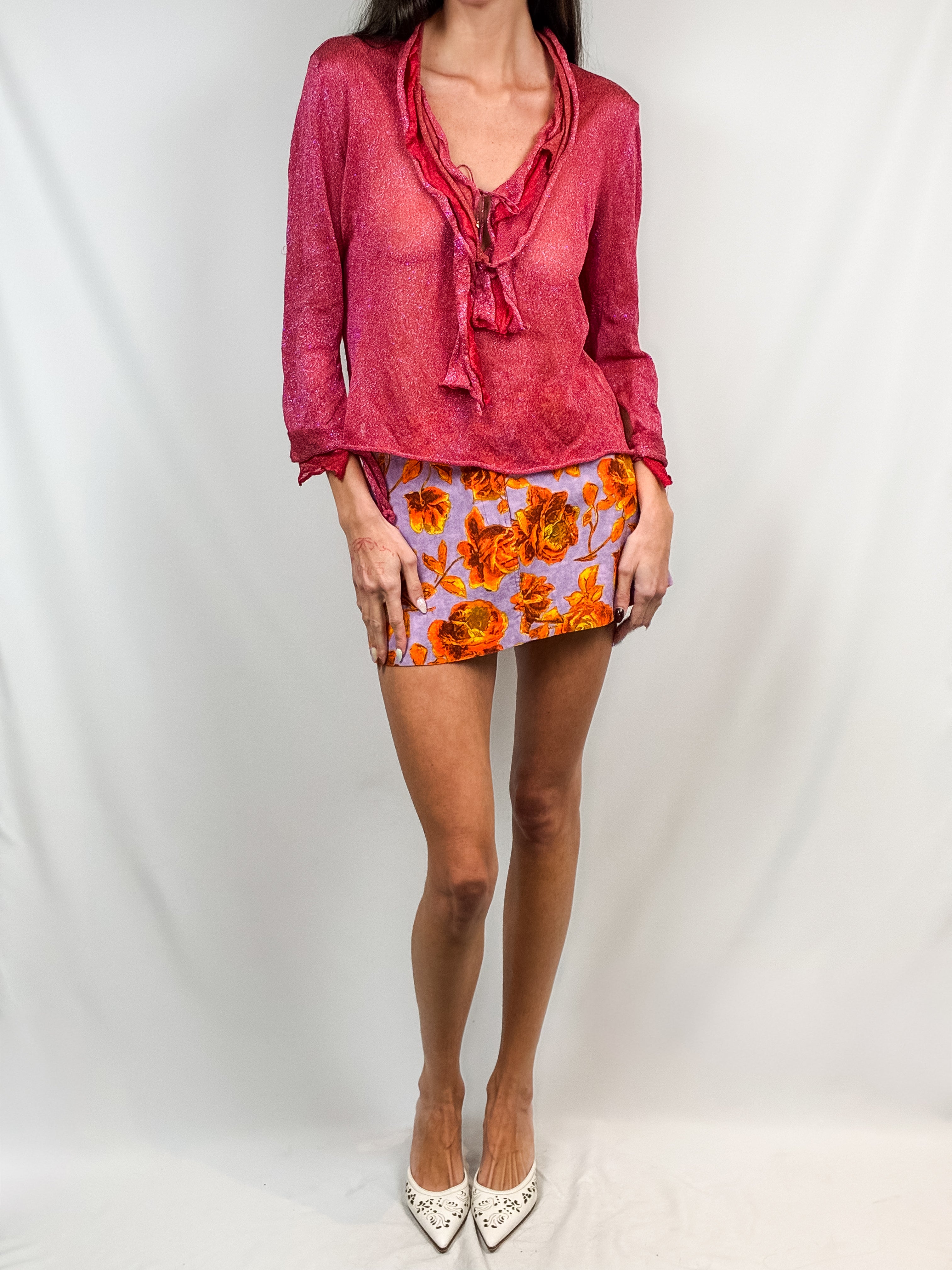 Roberto Cavalli 2000s Red Iridescent Metallic Knit Ruffle Tie-Front Top - L