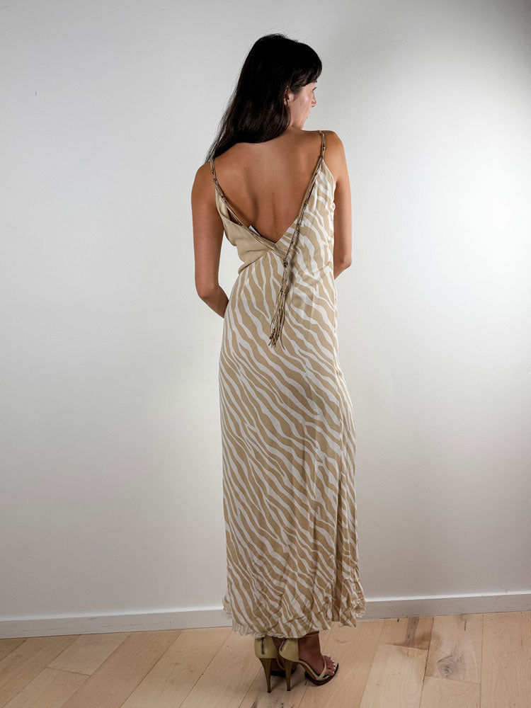 List Boutique Zebra Print Maxi Slip Dress with Ruffle Slit
