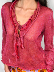 Roberto Cavalli 2000s Red Iridescent Metallic Knit Ruffle Tie-Front Top - L