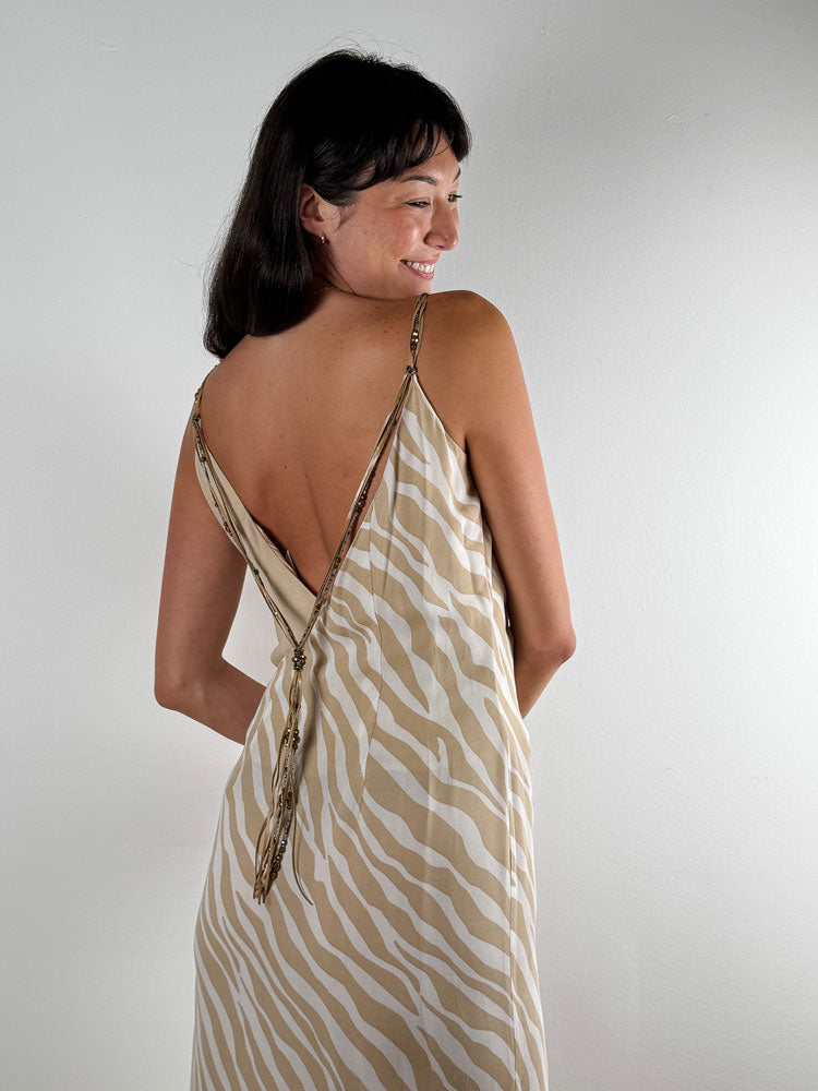 List Boutique Zebra Print Maxi Slip Dress with Ruffle Slit