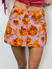 Plein Sud 1990s Lavender Orange Rose Print Cotton Mini Skirt - S
