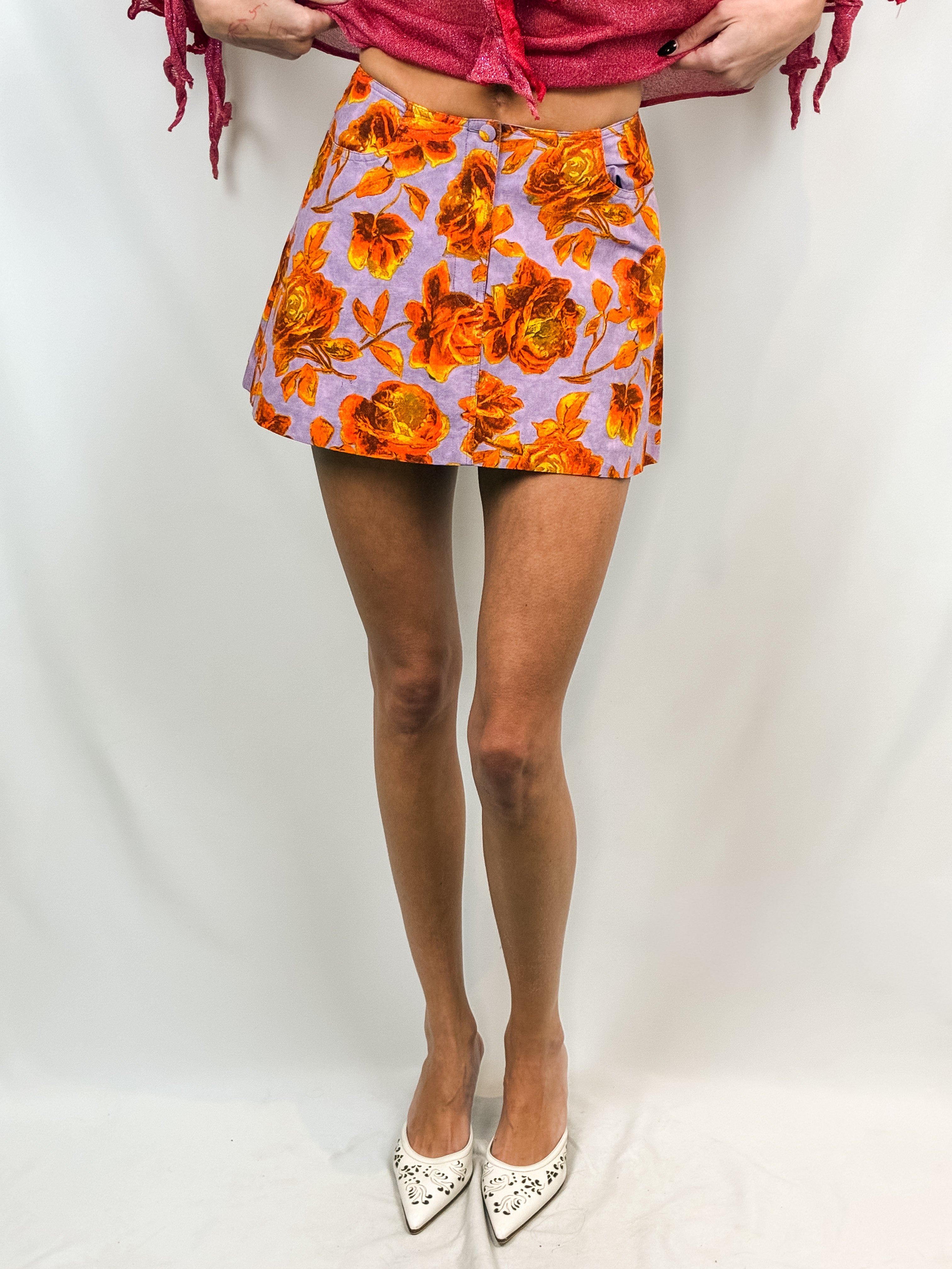 Plein Sud 1990s Lavender Orange Rose Print Cotton Mini Skirt - S