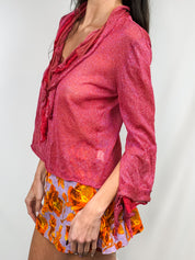 Roberto Cavalli 2000s Red Iridescent Metallic Knit Ruffle Tie-Front Top - L