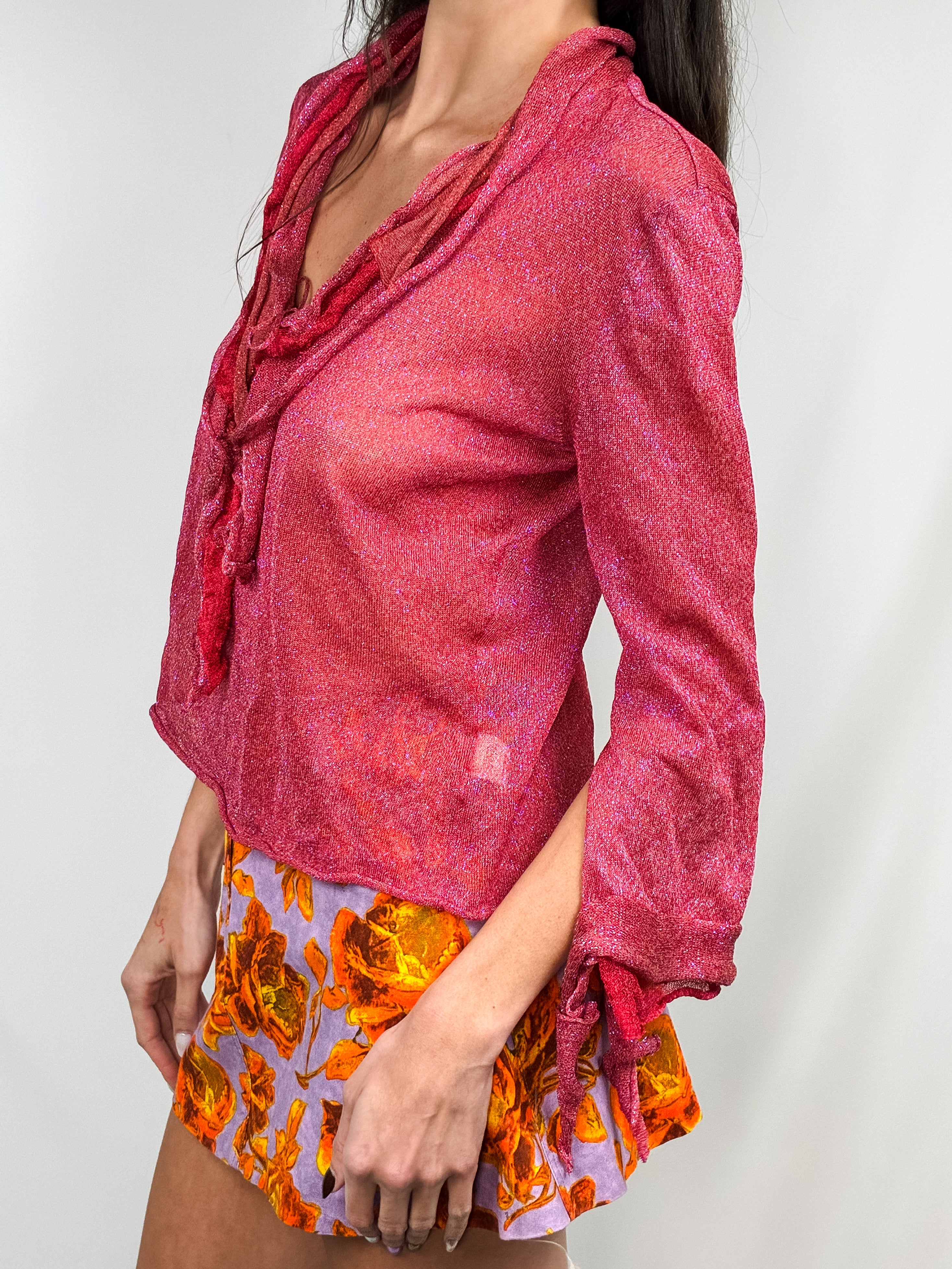 Roberto Cavalli 2000s Red Iridescent Metallic Knit Ruffle Tie-Front Top - L