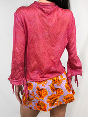 Roberto Cavalli 2000s Red Iridescent Metallic Knit Ruffle Tie-Front Top - L