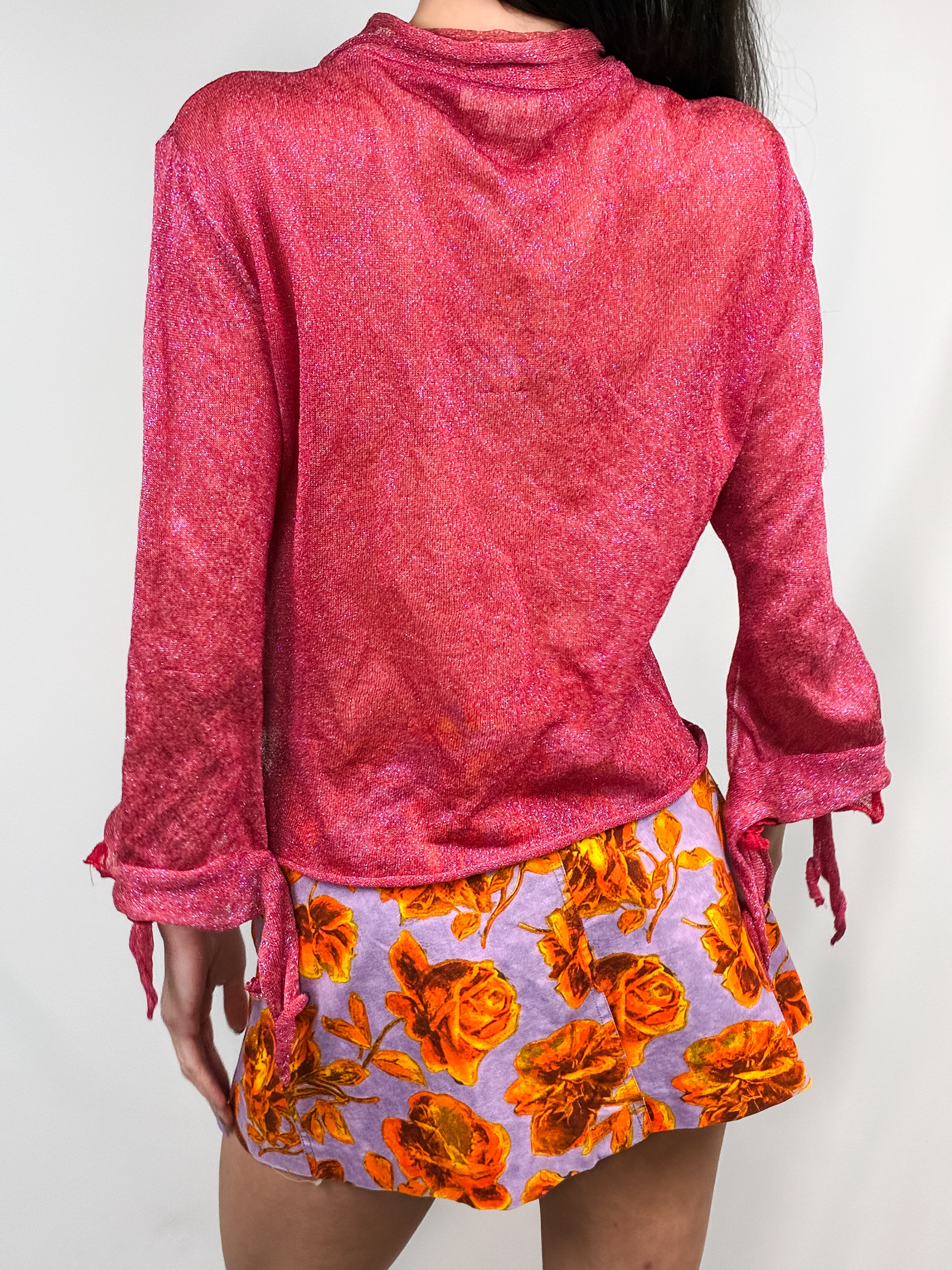 Roberto Cavalli 2000s Red Iridescent Metallic Knit Ruffle Tie-Front Top - L