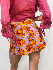 Plein Sud 1990s Lavender Orange Rose Print Cotton Mini Skirt - S