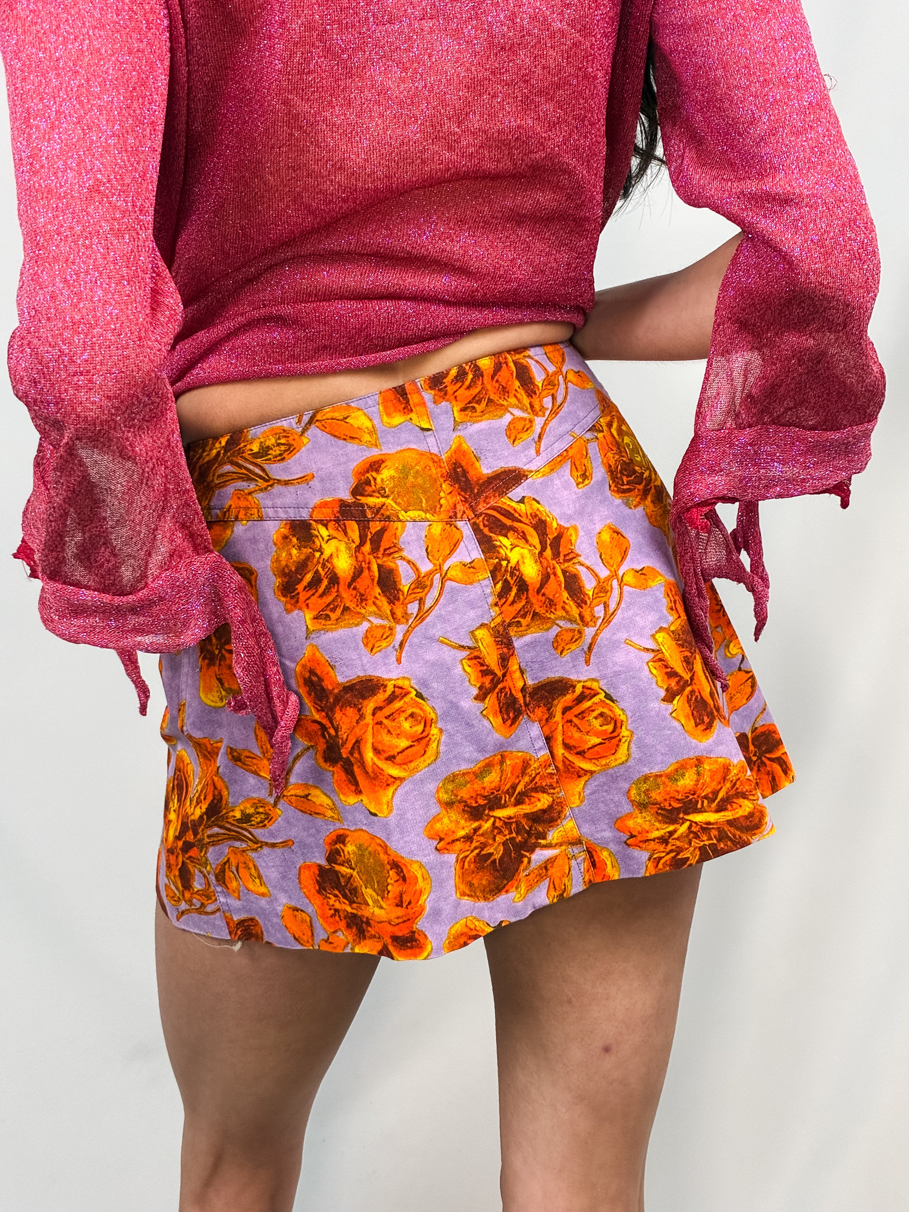 Plein Sud 1990s Lavender Orange Rose Print Cotton Mini Skirt - S