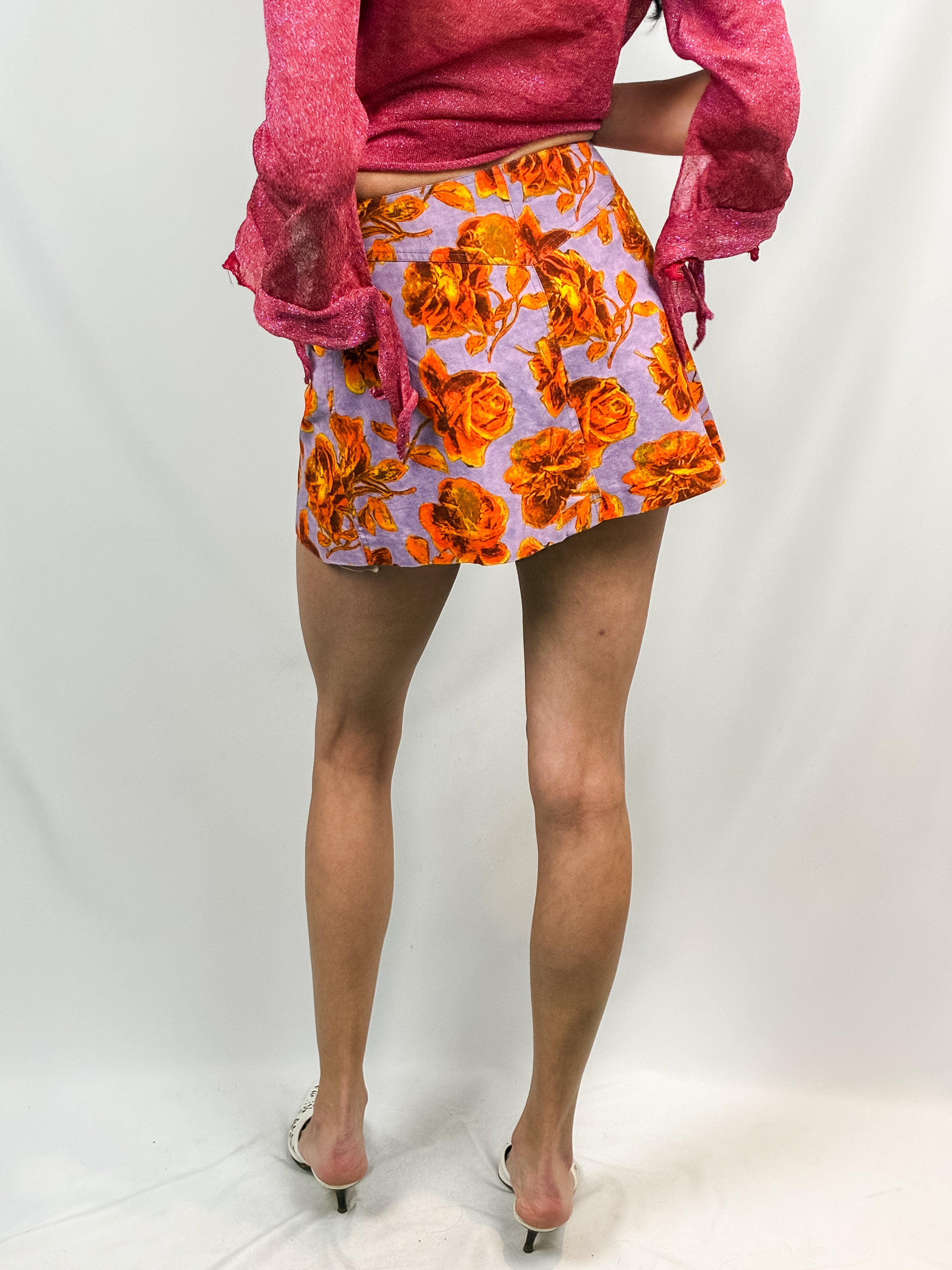 Plein Sud 1990s Lavender Orange Rose Print Cotton Mini Skirt - S