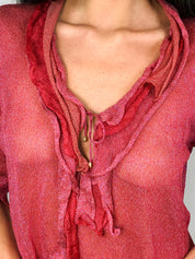 Roberto Cavalli 2000s Red Iridescent Metallic Knit Ruffle Tie-Front Top - L