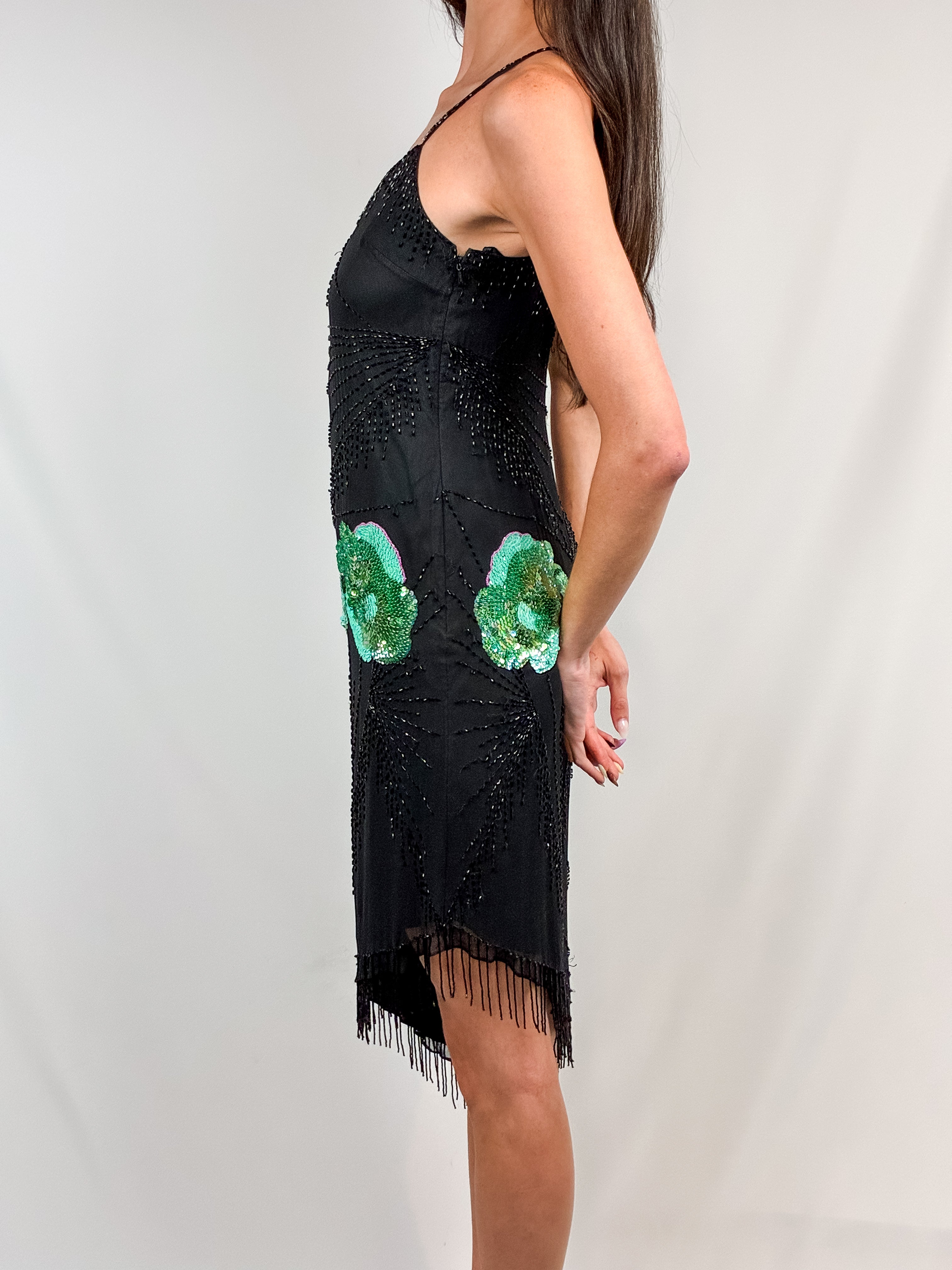 Mariella Burani 1990s Black Silk Beaded Sequin Floral Asymmetric Fringe Slip Dress - S