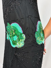 Mariella Burani 1990s Black Silk Beaded Sequin Floral Asymmetric Fringe Slip Dress - S