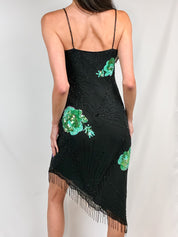 Mariella Burani 1990s Black Silk Beaded Sequin Floral Asymmetric Fringe Slip Dress - S