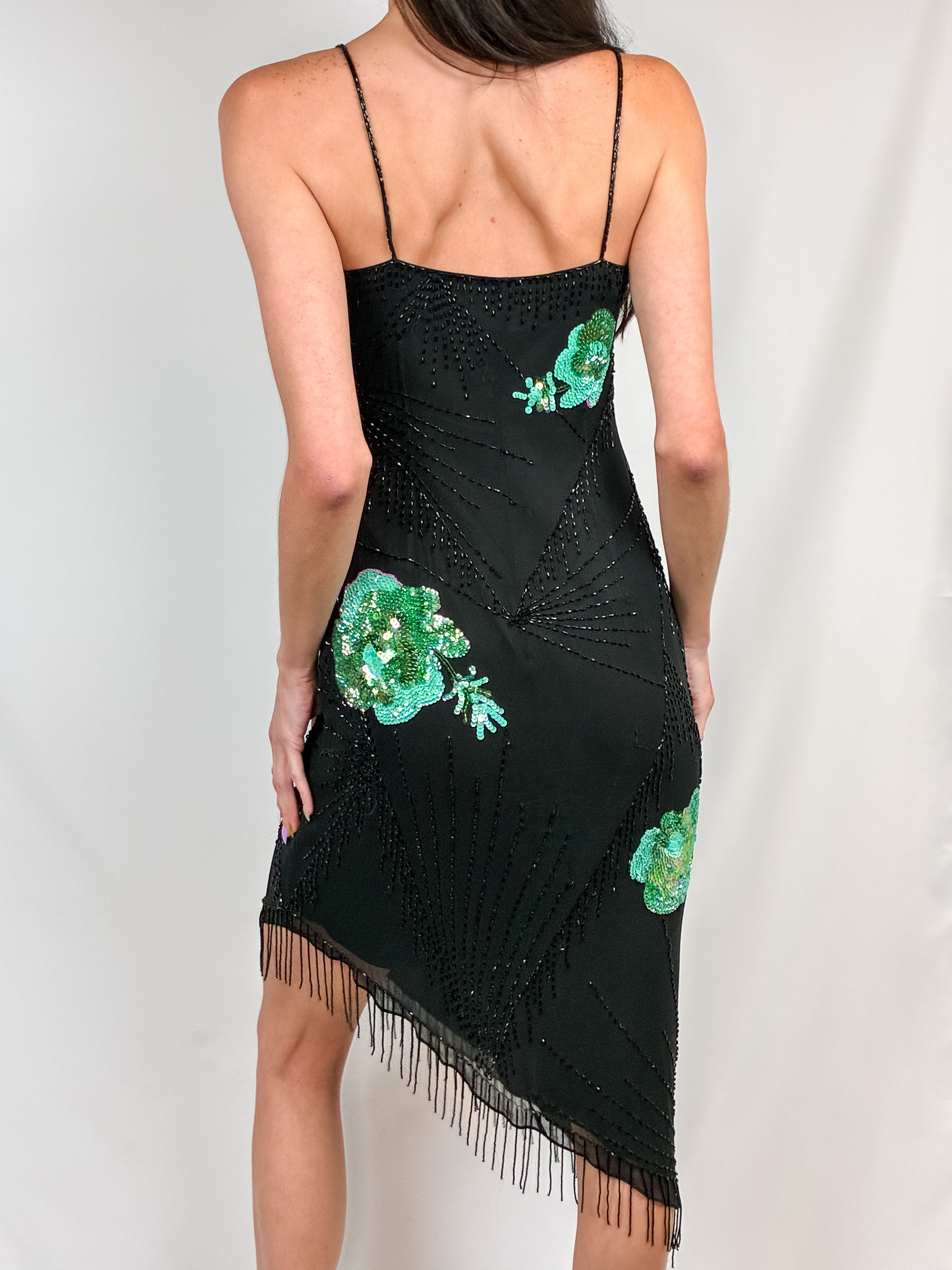 Mariella Burani 1990s Black Silk Beaded Sequin Floral Asymmetric Fringe Slip Dress - S