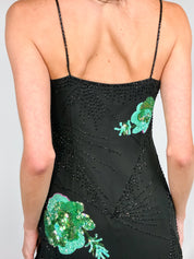 Mariella Burani 1990s Black Silk Beaded Sequin Floral Asymmetric Fringe Slip Dress - S