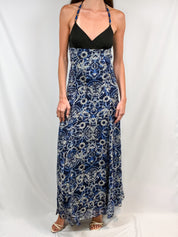 Miss Money Money 2000s Blue Majolica Print Beaded Halter Maxi Dress - S/M
