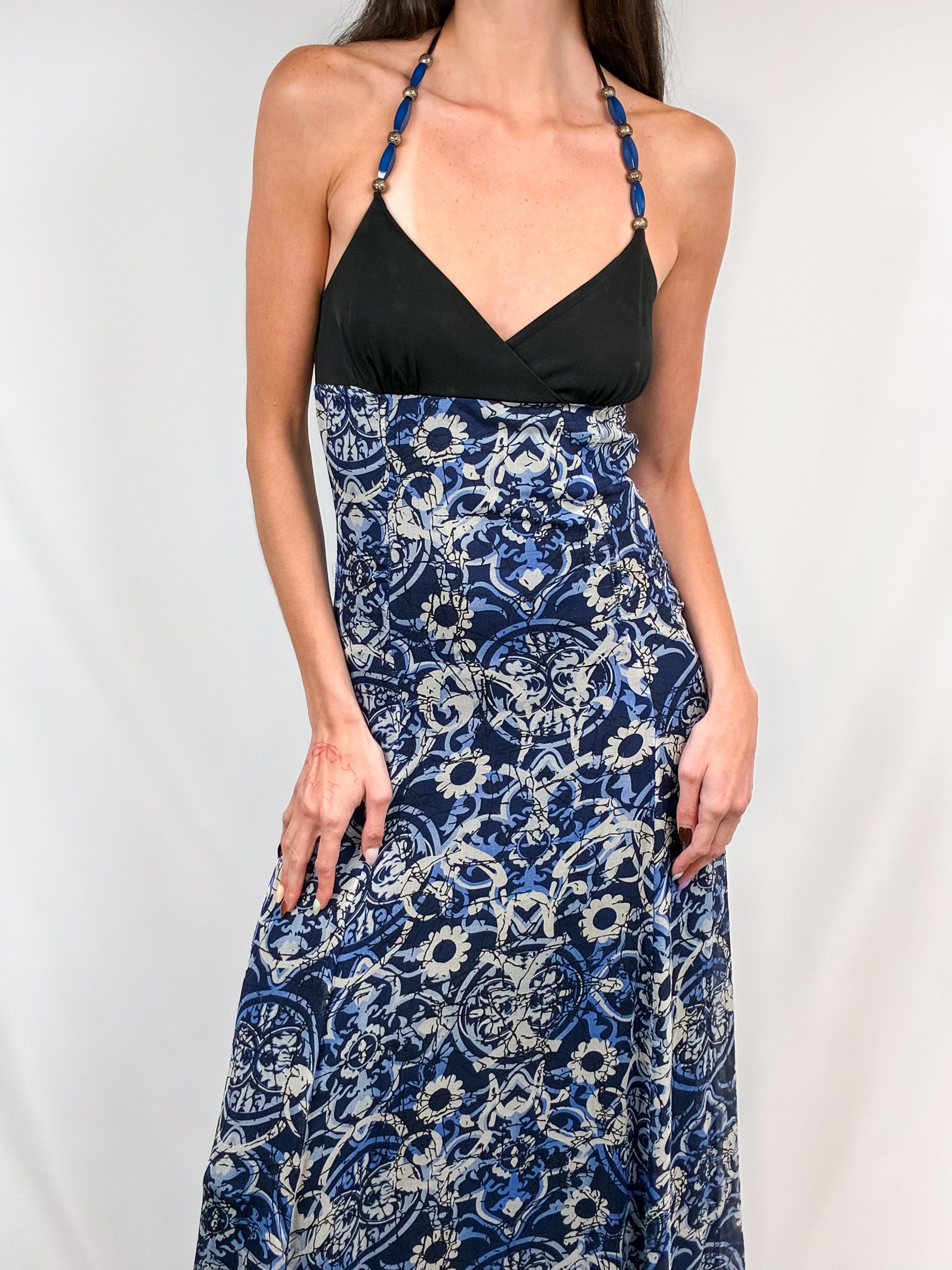 Miss Money Money 2000s Blue Majolica Print Beaded Halter Maxi Dress - S/M