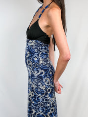 Miss Money Money 2000s Blue Majolica Print Beaded Halter Maxi Dress - S/M