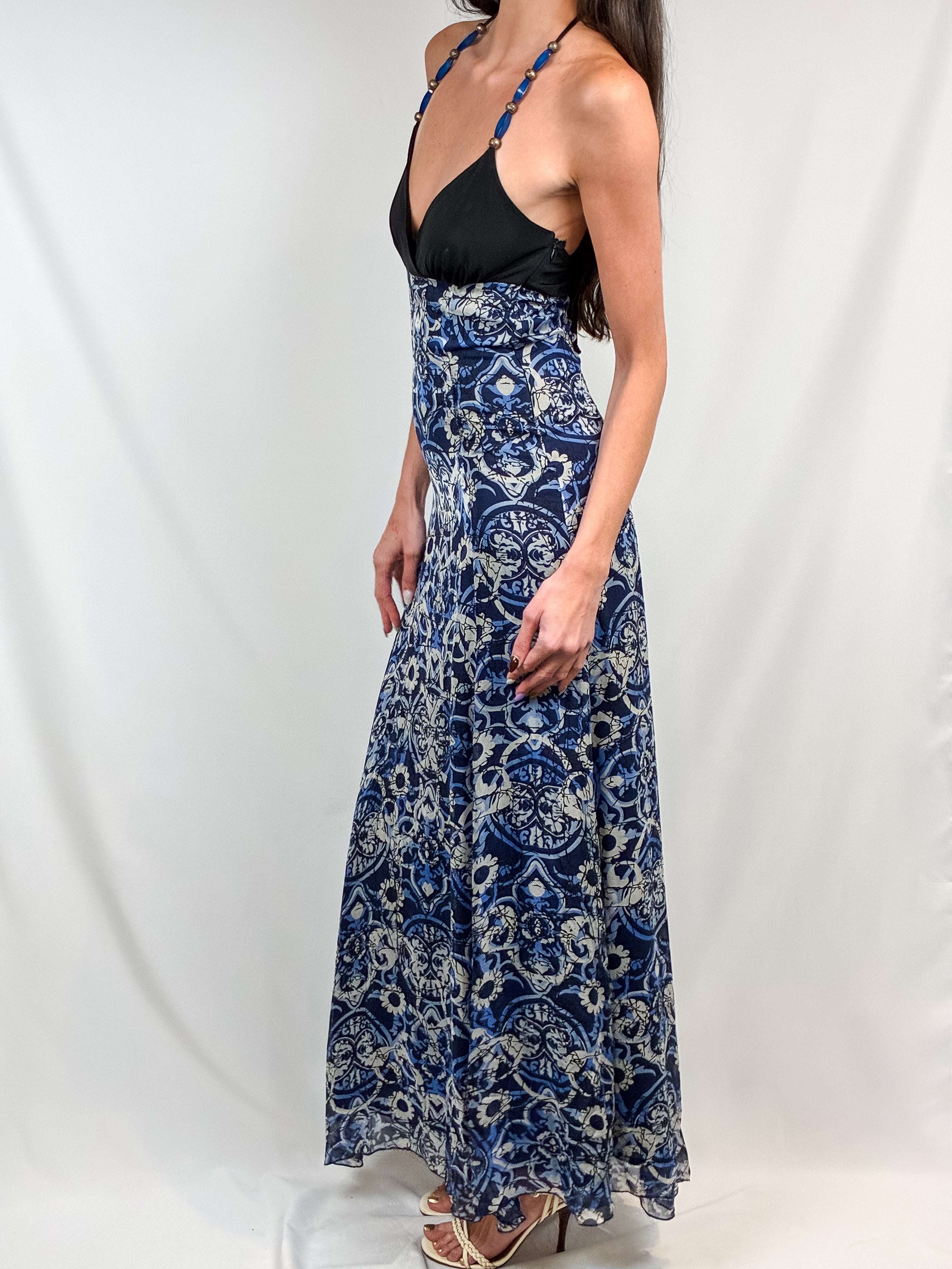 Miss Money Money 2000s Blue Majolica Print Beaded Halter Maxi Dress - S/M