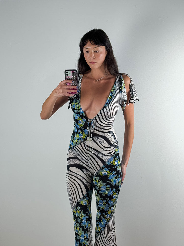 Roberto Cavalli Freedom 2000s Floral Zebra Print Jumpsuit