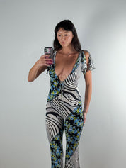Roberto Cavalli Freedom 2000s Floral Zebra Print Jumpsuit
