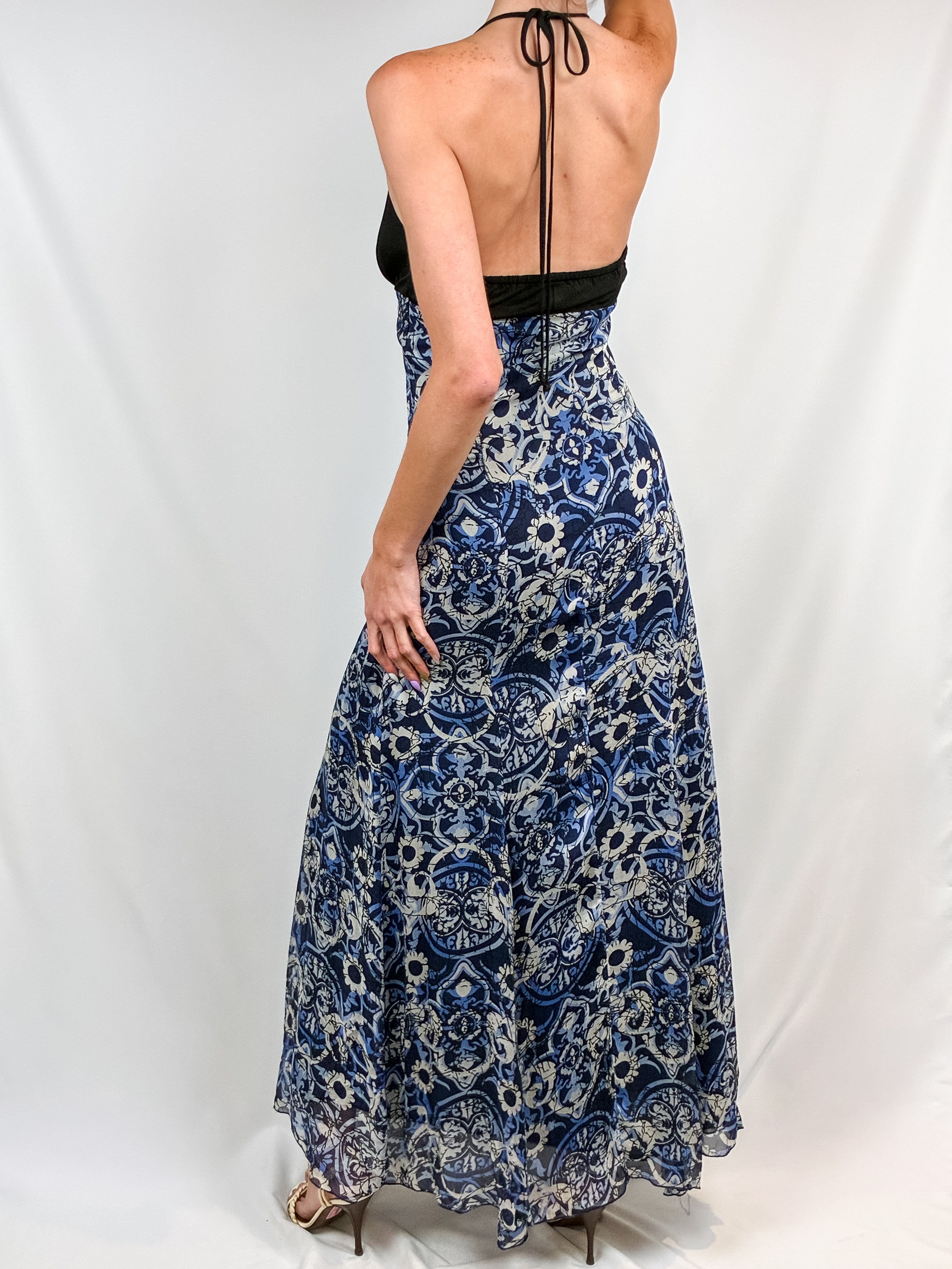 Miss Money Money 2000s Blue Majolica Print Beaded Halter Maxi Dress - S/M