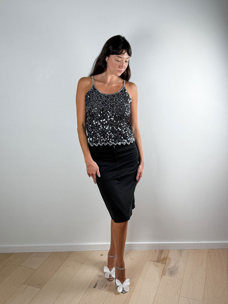 Vintage Black Sequin Cami Top with Silver Trim