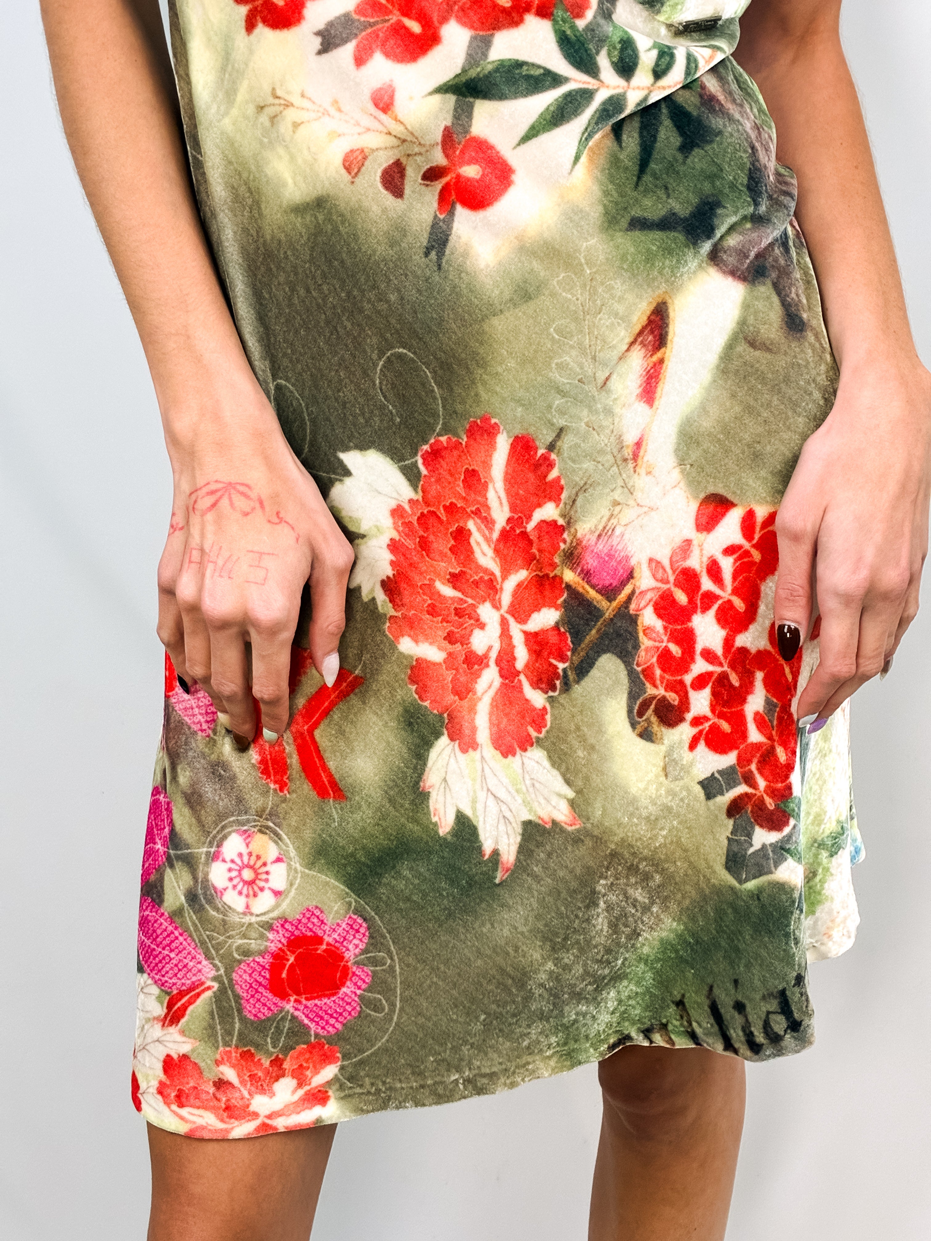 Galliano 2000s Floral Velvet Cowl-Neck Mini Dress – M
