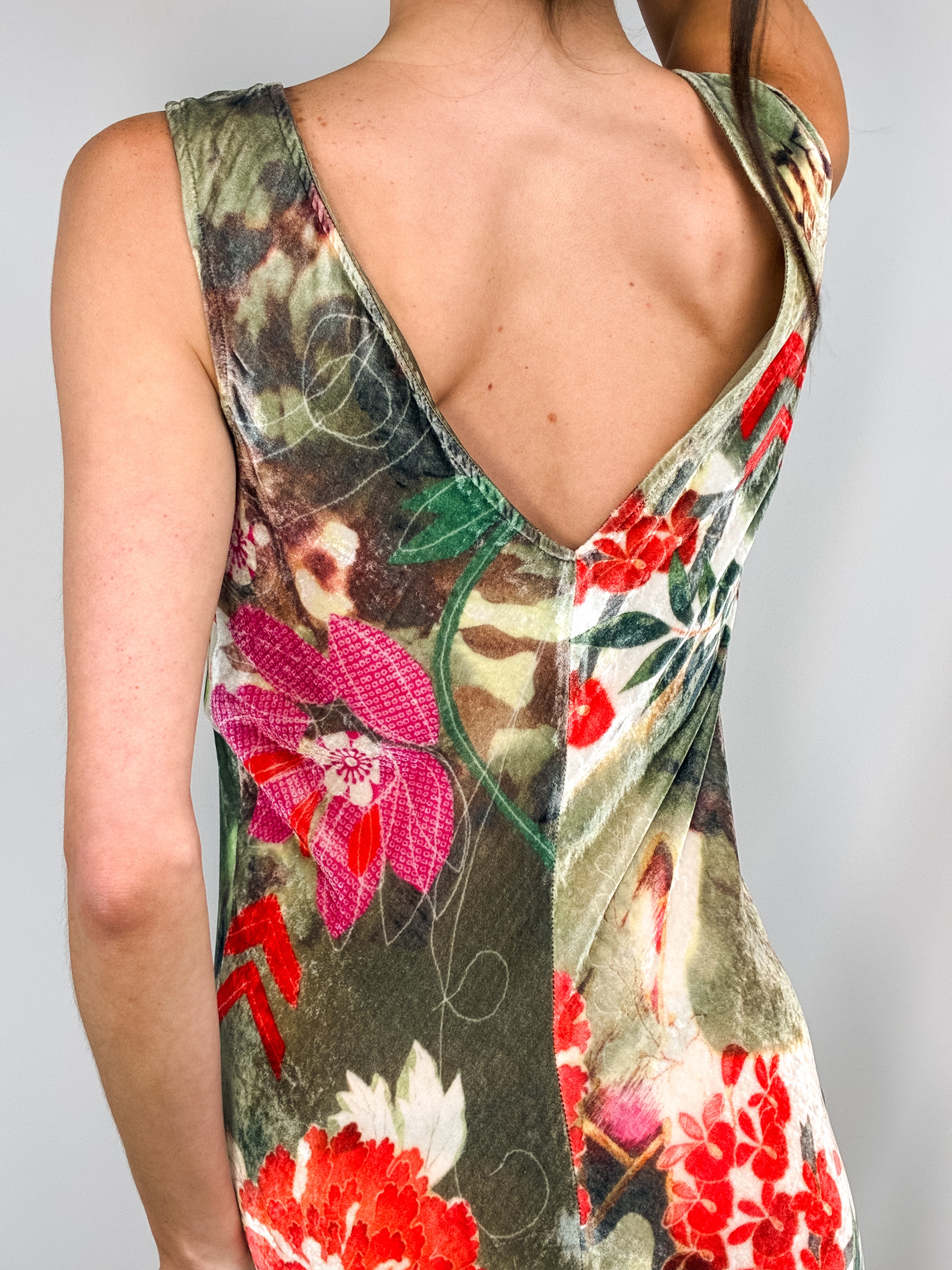 Galliano 2000s Floral Velvet Cowl-Neck Mini Dress – M