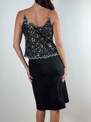 Vintage Black Sequin Cami Top with Silver Trim