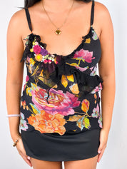 Fuego 2000s Black Floral Silk Rosette Camisole - XS/S