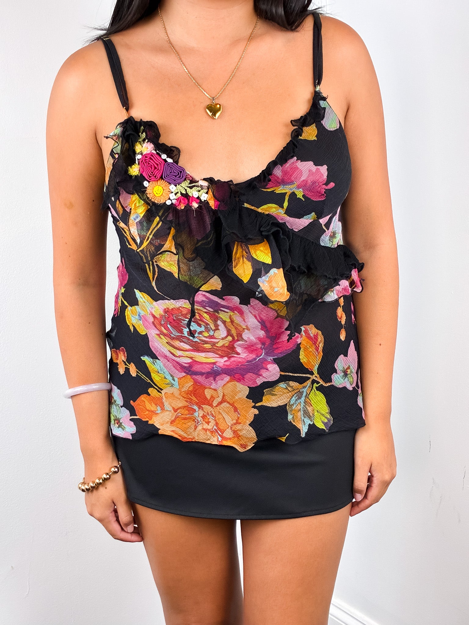 Fuego 2000s Black Floral Silk Rosette Camisole - XS/S