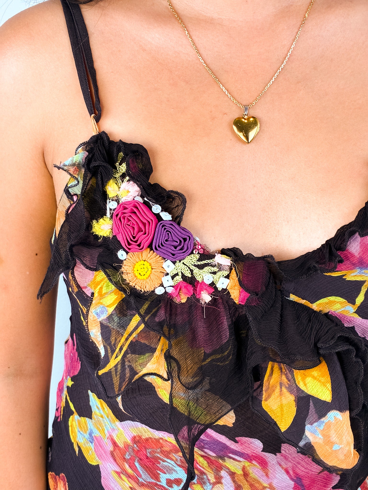 Fuego 2000s Black Floral Silk Rosette Camisole - XS/S