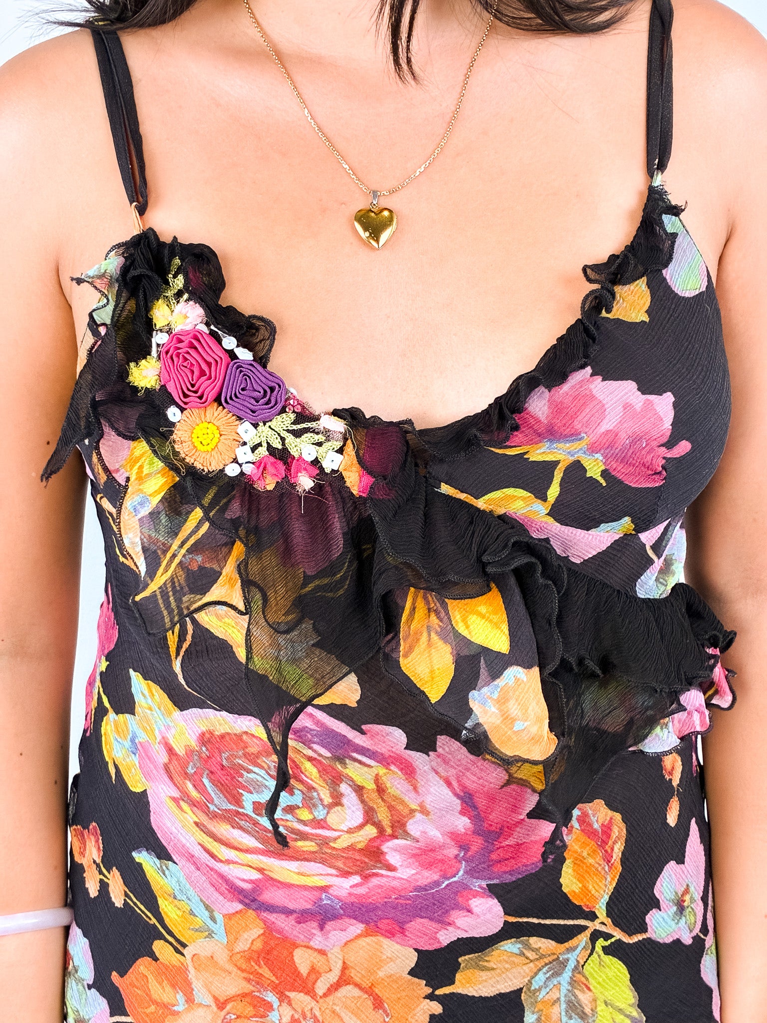 Fuego 2000s Black Floral Silk Rosette Camisole - XS/S