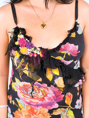 Fuego 2000s Black Floral Silk Rosette Camisole - XS/S