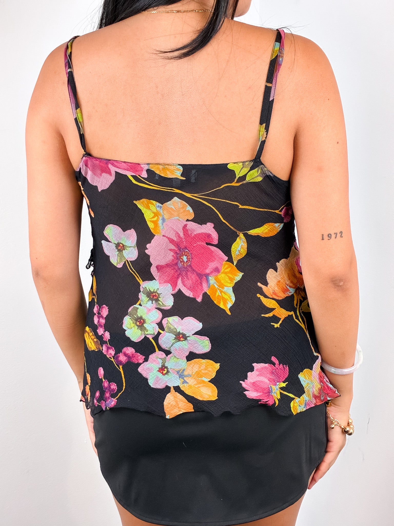 Fuego 2000s Black Floral Silk Rosette Camisole - XS/S