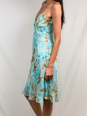 2000s Blue Floral Silk Slip Dress - M