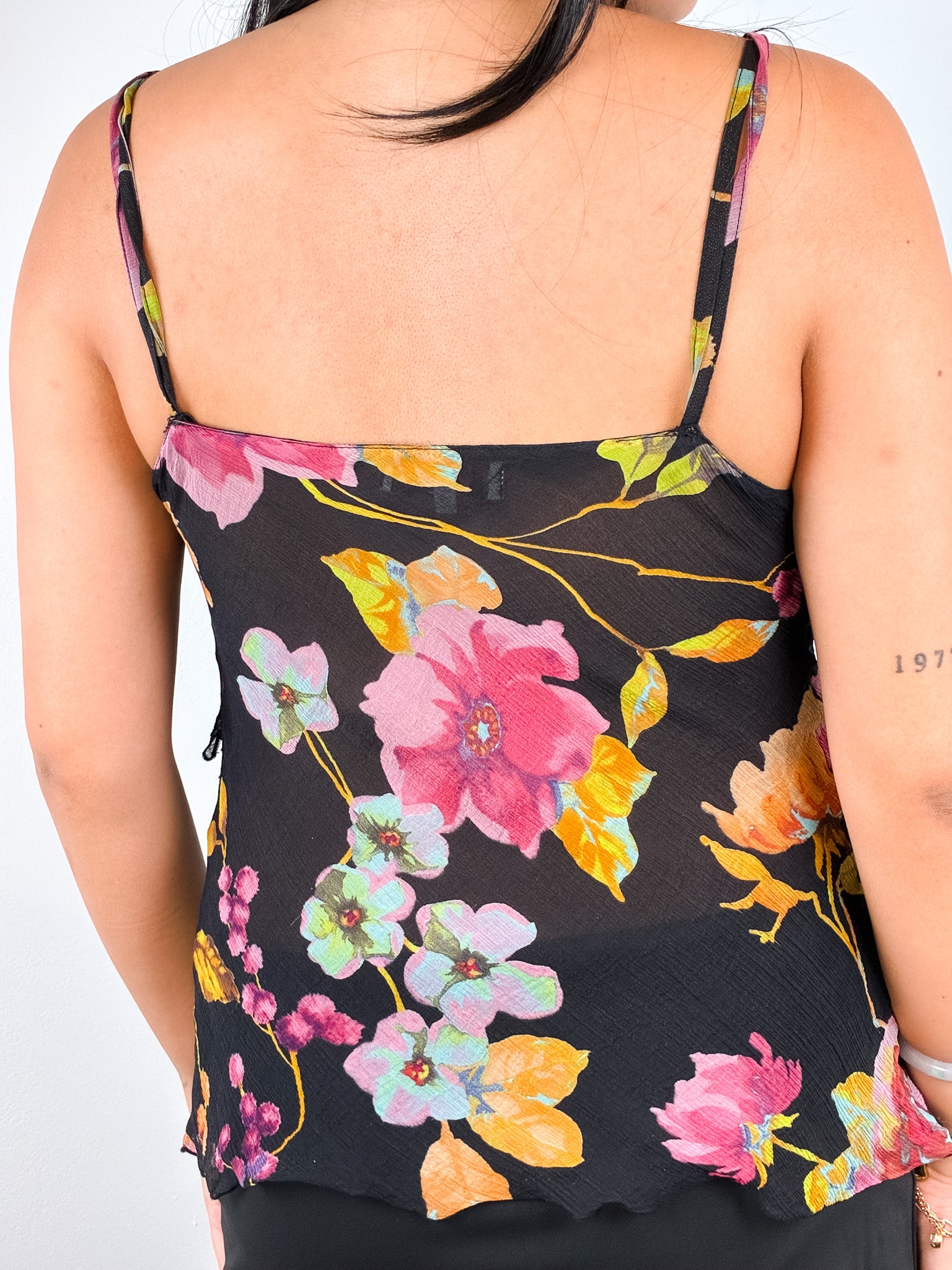 Fuego 2000s Black Floral Silk Rosette Camisole - XS/S